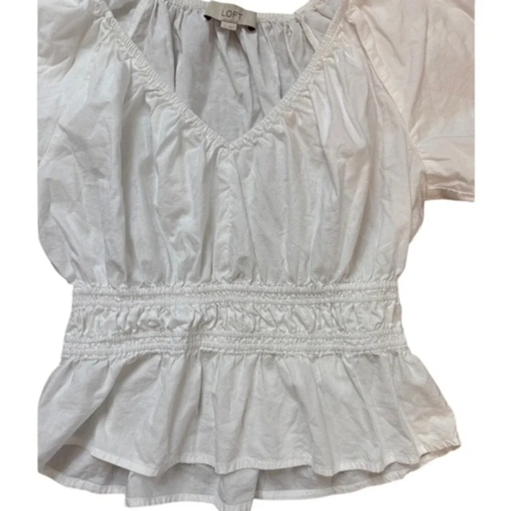 LOFT White Puff‎ Sleeve Smocked Peplum Top S Boho Coquette Cottagecore Milkmaid